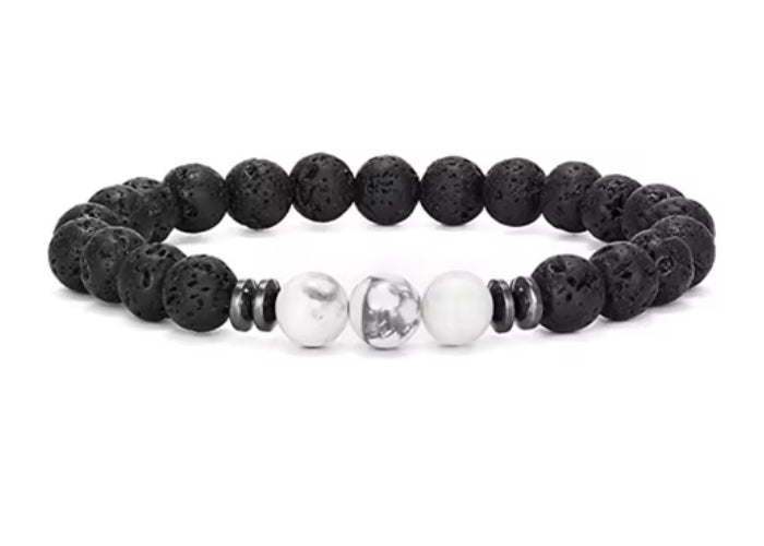 Black Lava Stone Bracelet with 3 White Tigers Eye (20)