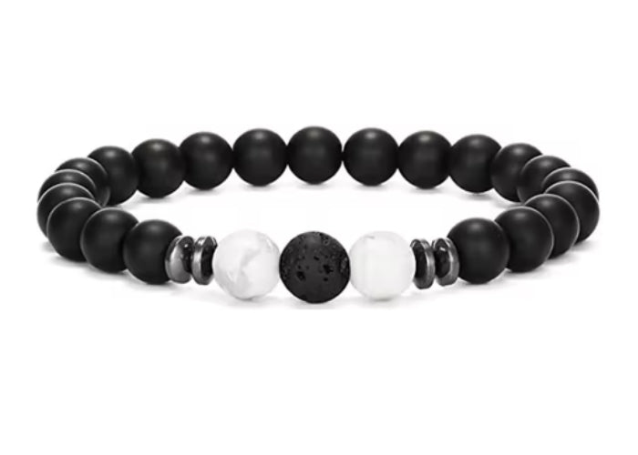 Black Beaded Bracelet with 2 White Tigers Eye & 1 Black Lava Stone (21)
