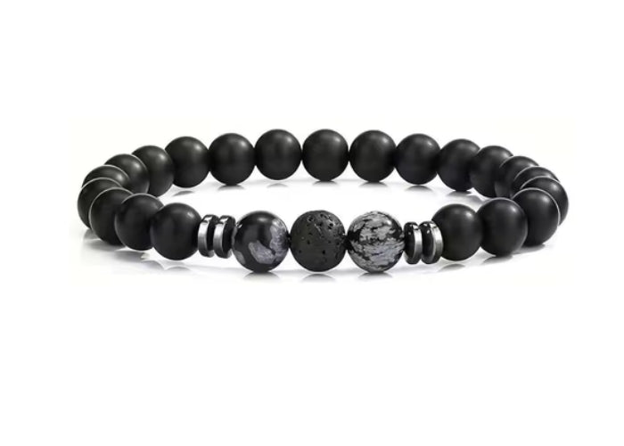 Black Beaded Bracelet with 2 Black Tigers Eye & 1 Black Lava Stone (24)