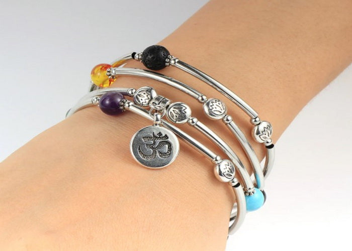 Bracelet Beaded Wrap around vintage style / 7 Chakra Stone / OM (1)