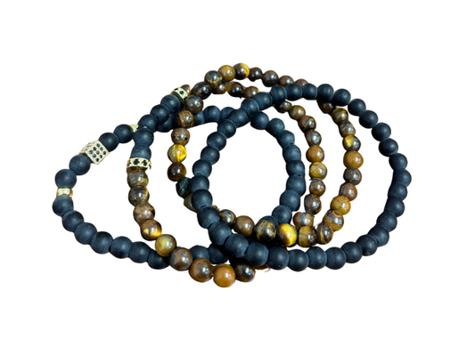 4pc Tigers Eye & Black Beaded Bracelet Stack