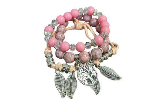 Pink Feather Tree of Life Bracelet - 3pc Stack