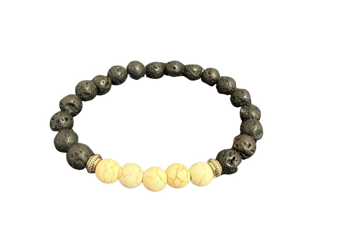 Black Lava Stone Bracelet with 5 Cream Stones (15)