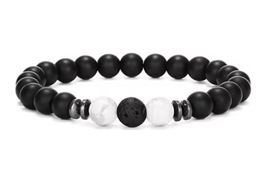 Black Beaded Bracelet with 2 White Tigers Eye & 1 Black Lava Stone (21)