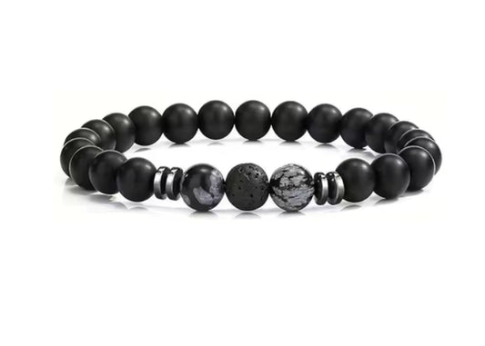 Black Beaded Bracelet with 2 Black Tigers Eye & 1 Black Lava Stone (24)