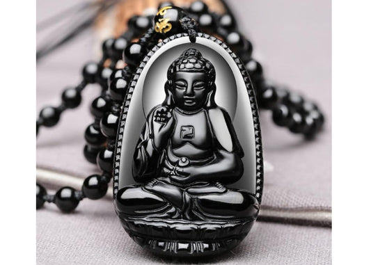 Black Obsidian Carved Buddha Necklace