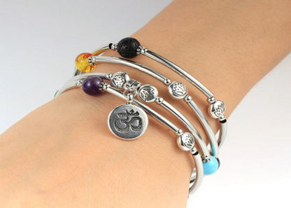 Bracelet Beaded Wrap around vintage style / 7 Chakra Stone / OM
